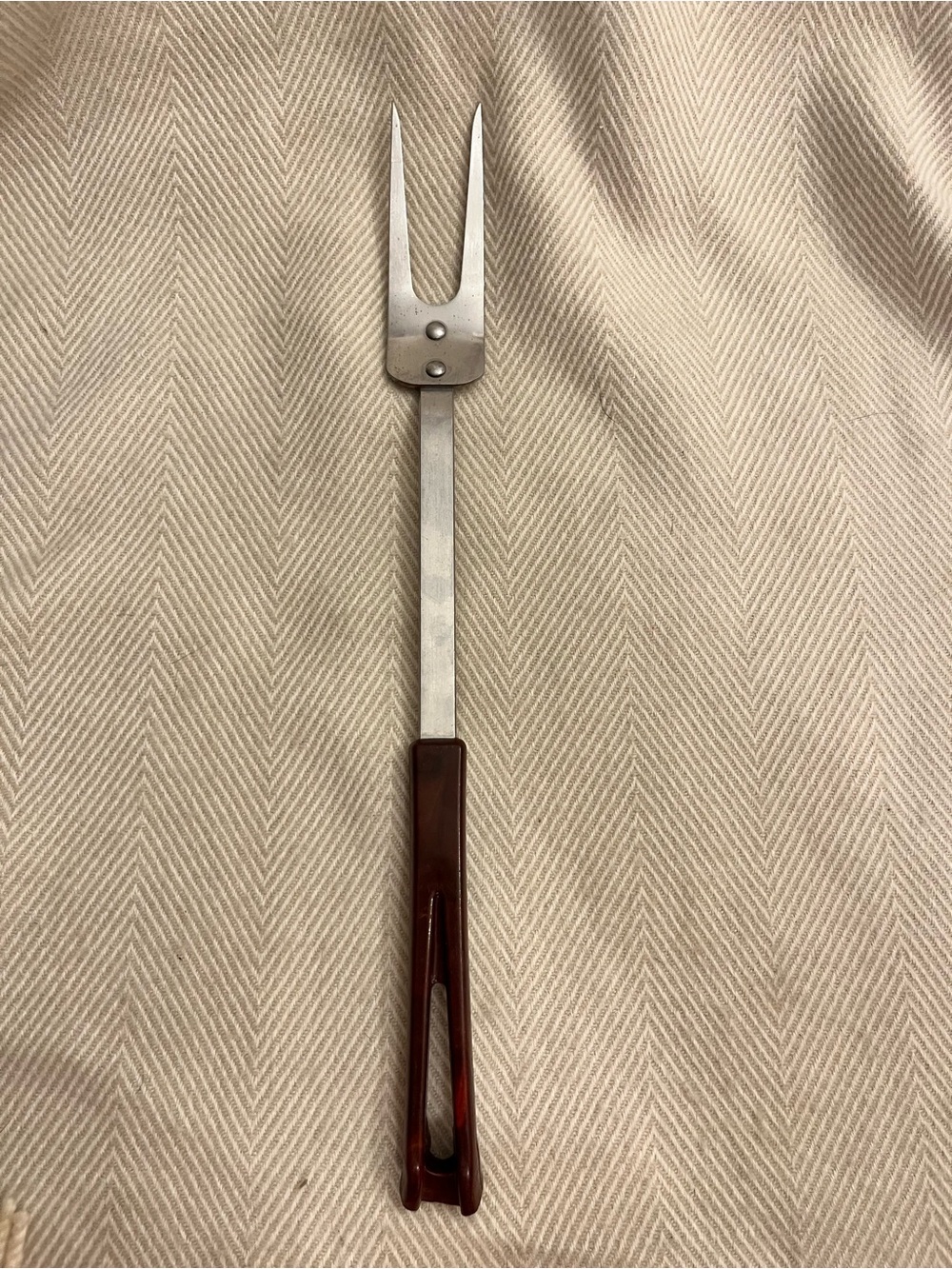 Stanhome Stainless 2 Prong Meat Fork 13” Vintage Brown Handle Used